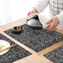 UniKart Black & Grey 4 Pieces Floral Printed Anti-Slip Rectangle Table Placemats-19