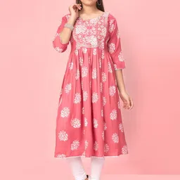 Sangria Girls Pink Floral Printed Round Neck Thread Work Pure Cotton Kurta With Legging-image-99