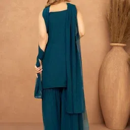 PARROT CREATION Women Embroidered Regular Sequinned Kurti with Palazzos & With Dupatta image 3