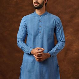 JAYPORE Striped Band Collar Cotton Straight Kurta-image-97