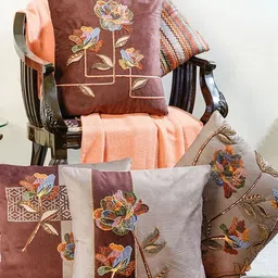 Mid July Home Brown & Blue Set of 5 Floral Velvet Square Cushion Covers-58