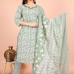 Rudra Bazaar Floral Printed Notch Neck Pure Cotton Straight Kurta With Trousers & Dupatta-49