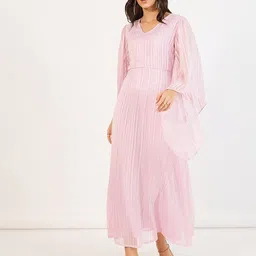 Styli Women Striped V-Neck Flutter Sleeves A-Line Maxi Dress-image-48