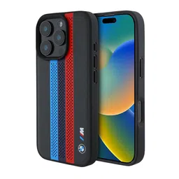 BMW Black M Iphone 16 Pro Magsafe Pu Leather Case Perforated Tricolor Stripes-34