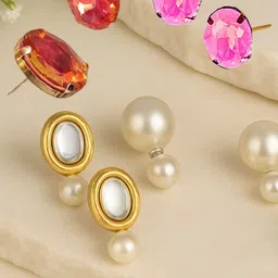 ORANGENYSHA Set Of 4 Gold-Plated Kundan & Crystal Studded Oval Shaped Studs-picture-29