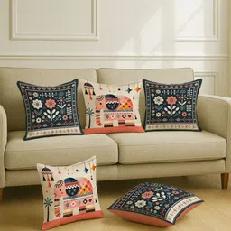 STITCHNEST Black & Off White 5 Pieces Ethnic Motifs Satin Square Cushion Covers-53