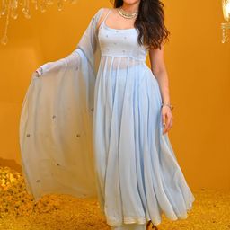 AMRUTVARSHA CREATION Embellished Pleated Georgette A-Line Kurta With Trousers & Dupatta image 3