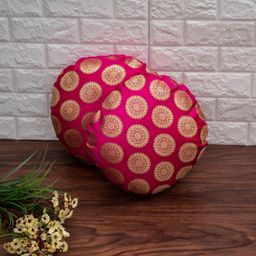 RoyalDeco Magenta & Gold-Toned Set of 2 Floral Round Cushion Covers-26
