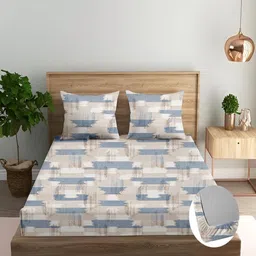 Trance Home Linen Blue & White Geometric 180 TC Queen Bedsheet with 2 Pillow Covers-image-13