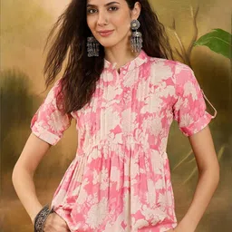 Sangria Floral Printed Pure Cotton Pintuck Short Peplum Top-image-90