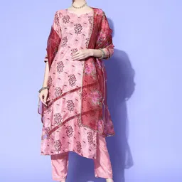 DIVASTRI Floral Printed Notch Neck Straight Kurta With Trousers And Dupatta-image-18