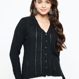 CREATIVE LINE Women Self Design Woollen V-Neck Cardigan Sweaters-image-39