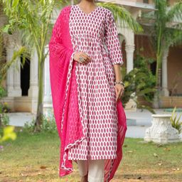 INCHEME Women Ethnic Motifs Printed Regular Pure Cotton Kurta with Trousers & With Dupatta-18