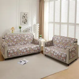 HOKIPO Pastel Brown Sandwort Flower Print Quilted 5 Seater Sofa Mat with Pockets-image-12