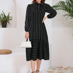 all about you Striped Puff Sleeve A-Line Midi Dress-image-12