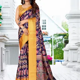 SSHAGUN LIFESTYLE Purple & Yellow Embellished Printed Floral Print Bollywood Cotton Silk Saree-picture-2