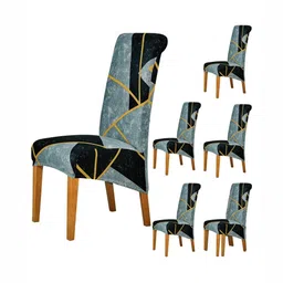 HOKIPO Grey & Black 6 Pieces Printed 140 GSM Long Back Dining Chair Covers-7