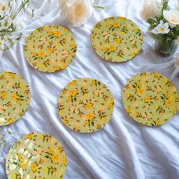 THE HOME CO. Set Of 6 Green Floral Printed Enamel Round Wooden Coasters-79