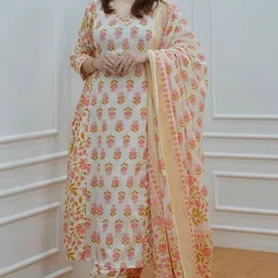 Handish Floral Printed V-Neck A-Line Kurta With Trouser And Dupatta image 3