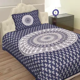 Salgia Blue & White Floral Printed Pure Cotton 144 TC Single Bedsheet Set 2.25m x 1.45m-image-86