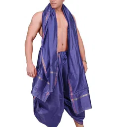 Exotic India Men Dhoti and Angavastram set with Golden Woven Paisley on Border-image-66