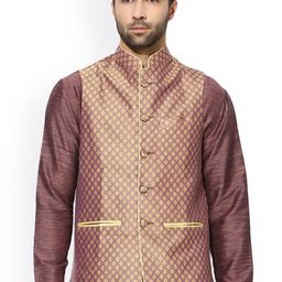 KISAH Men Mauve & Beige Patterned Nehru Jacket-picture-27
