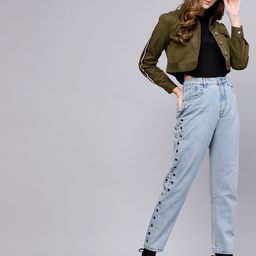 STREET 9 Women Olive Green Solid Crop Jacket-16