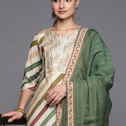 Libas Women Striped Mirror Work Kurta With Trousers & With Dupatta-image-2