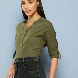 Chemistry Mandarin Collar Roll-Up Sleeves Pure Cotton Shirt Style Top-image-19