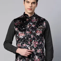ESSAS club Men Black Floral Printed Velvet Mandarin Collar Nehru Jacket-16