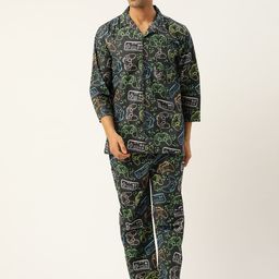 Rapra The Label Men Black & Multicoloured Printed Night suit-image-60