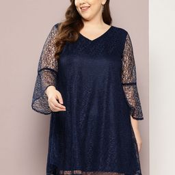 Qurvii+ Plus Size Floral Bell Sleeves Net A-Line Mini Dress-1