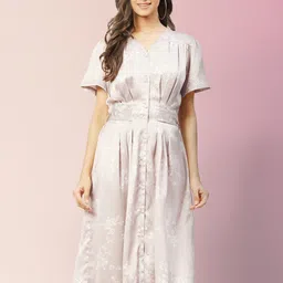 LILL Women Dusty Pink & Off White Floral A-Line Midi Dress-image-38