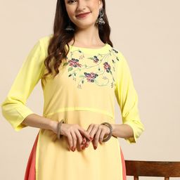 Sangria Yellow & Coral Orange Ethnic Motifs Embroidered Kurta-image-40