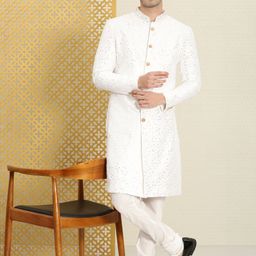 House of Pataudi Men Thread Work Embellished Sequined Jashn Sherwani Set-picture-17