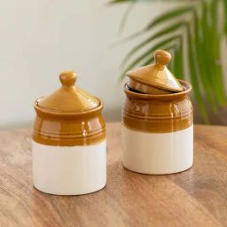 ExclusiveLane Brown & White Ceramic Old Martaban Pickle & Chutney Jar - Set of 2-48