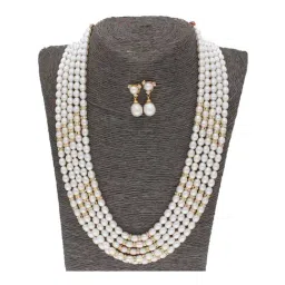 Sri Jagdamba Pearls 5 Line Pearl White Alloy Necklace Set-image-58