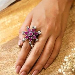 Teejh Ethnic Raishala Pink Stone Silver Oxidized Rings for Women-16