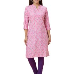 Globus Pink Cotton Floral Print Straight Kurta-image-88