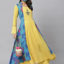 YASH GALLERY Yellow & Blue Printed Flared Kurta-picture-24