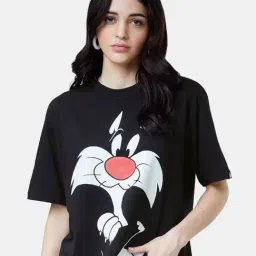 The Souled Store Black Looney Tunes: Sylvester Printed Oversized T-Shirt-image-91