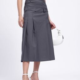 glitchez Matriarch Drift Pleated Mid-Rise Midi Flared Skirt with Mock Pockets-57