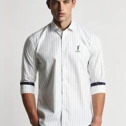 Peter England White Cotton Slim Fit Striped Shirt-picture-10