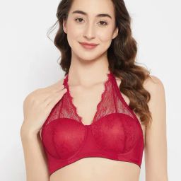 Clovia Red Lace Padded Half Coverage Bralette Bra-image-44