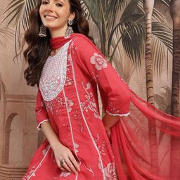 Sangria Floral Printed Sequinned & Thread Work Detail A-Line Kurta with Trousers & Dupatta-25