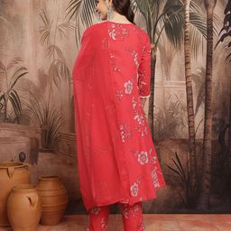 Sangria Floral Printed Sequinned & Thread Work Detail A-Line Kurta with Trousers & Dupatta image 5