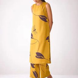 Ancestry Mustard Satin Print Sleeveless Kurta-picture-10