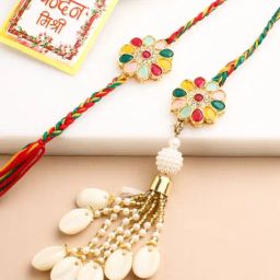 NVR Artificial Beads & Sea Shell Floral Bhaiya Bhabhi Rakhi with Roli Chawal Chandan & Mishri-32