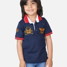Fourfolds Kids Blue Printed Regular Fit Polo T-Shirt-image-113