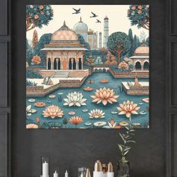 999Store Multicolor Canvas Indian Art Mughal Garden With Flying Birds Painting-image-88
